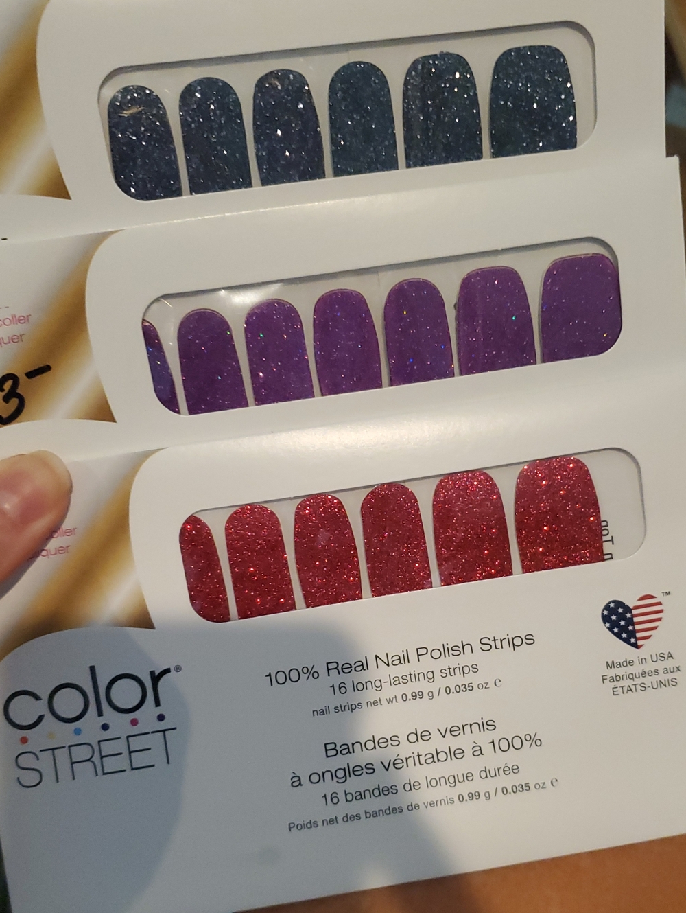 3 Sets Color Street Glitter Nail Strips in Blue, Purple & Red